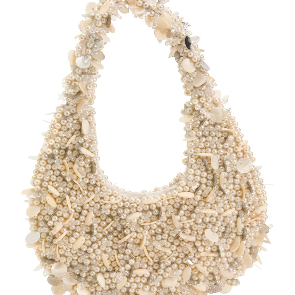 Pearl-Embellished Cream Beaded Shoulder Bag